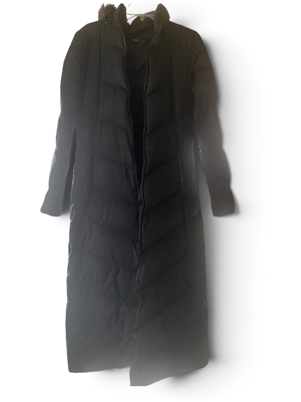 Bisou Bisou 100% Down Very Long Black Quilted Puffer Coat w/ fur lined hood